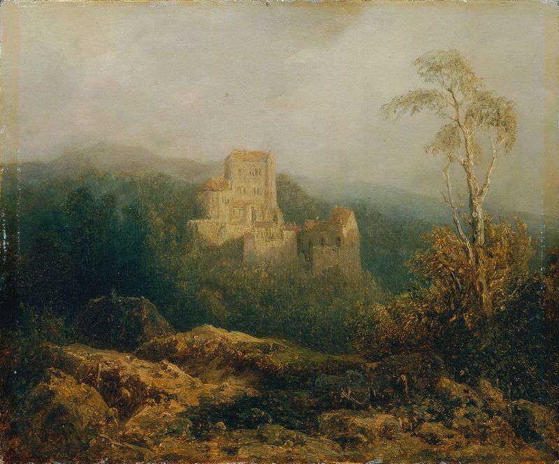 Ethereal castle in mist, oil on canvas by August Piepenhagen