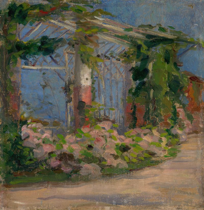Botanical scene with a figure tending to flowers, by Ľudovít Pitthordt.