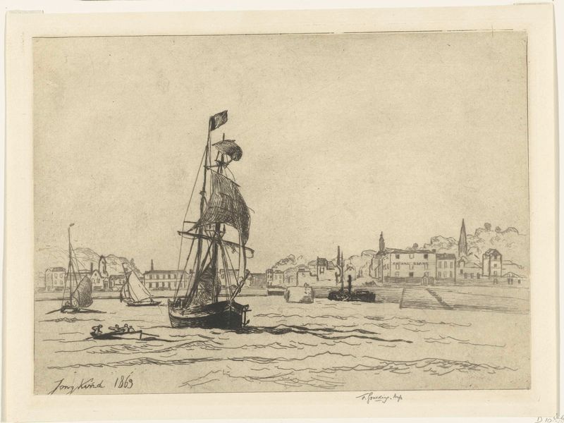 Haven van Honfleur, gravura de Johan Barthold Jongkind, mostrando barcos em um porto.