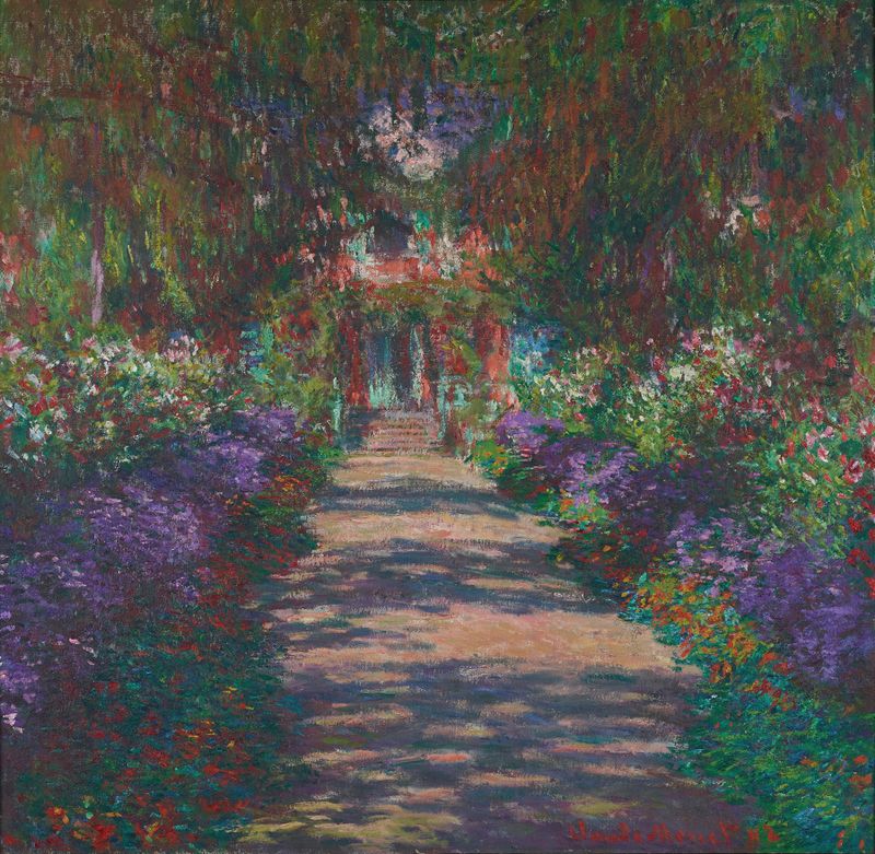 Eine Allee in Monets Garten in Giverny de Claude Monet, pintura a óleo que retrata um caminho de jardim ensolarado.