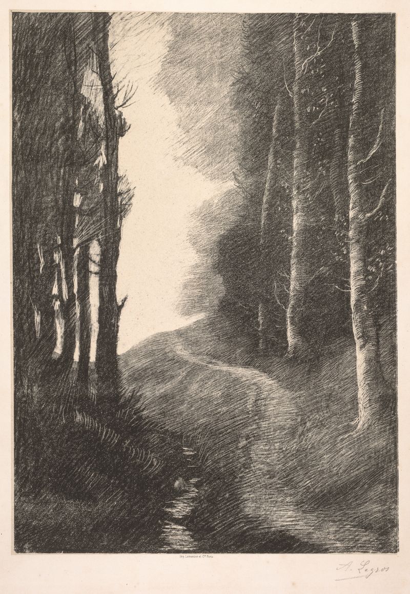 Paisagem em Bouleaux de Alphonse Legros, pintura a óleo mostrando árvores altas e um céu enevoado.