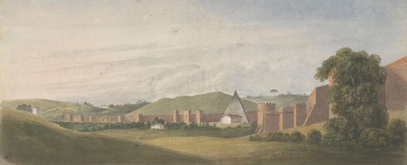 Watercolour by Isaac Weld depicting the Aurelian Wall and Pyramid of Cestius