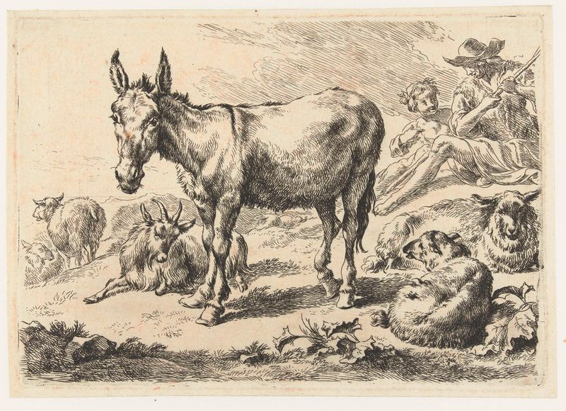 Landschap met ezel, schapen, geit en herders, gravura de Nicolaes Pietersz Berchem