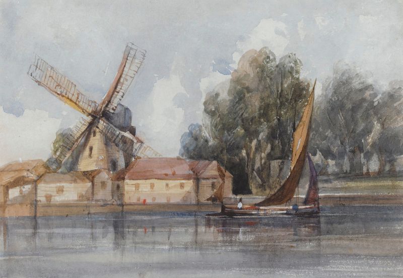 Um wherry passando por um moinho de vento e edifícios agrícolas, pintura a óleo de Thomas Shotter Boys