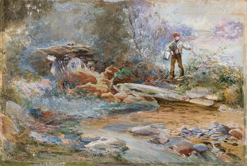 Niño con un balde junto a un banco de río, pintura al óleo de Frances 'Fanny' Wilmot Currey