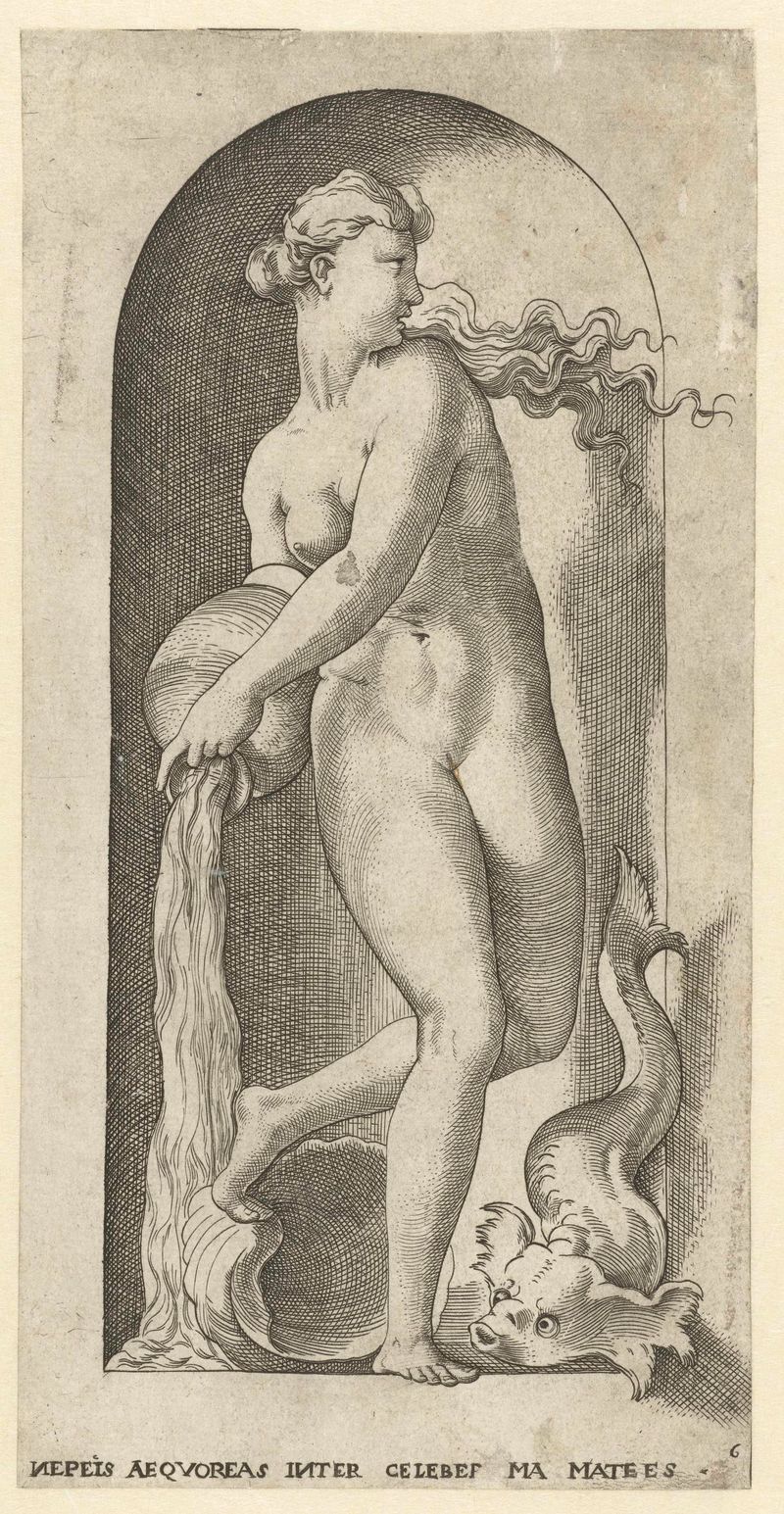Gravura de Jacob Binck representando Tétis com uma jarra de água e um peixe