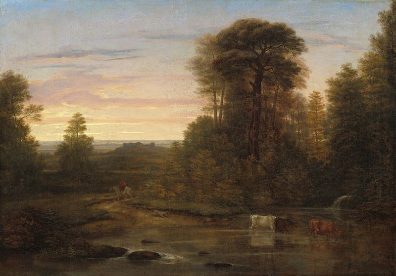A Landscape after Sunset by Washington Allston, oil painting depicting twilight over trees.