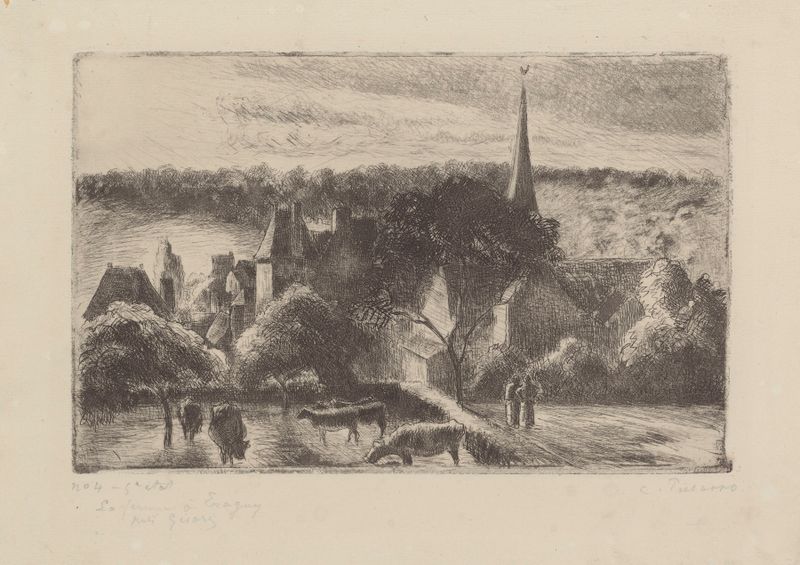 Église et ferme d’Eragny de Camille Pissarro, óleo sobre tela que retrata uma paisagem serena do campo