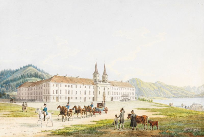 Schloss Tegernsee by Heinrich Adam, oil painting depicting a castle surrounded by lush greenery
