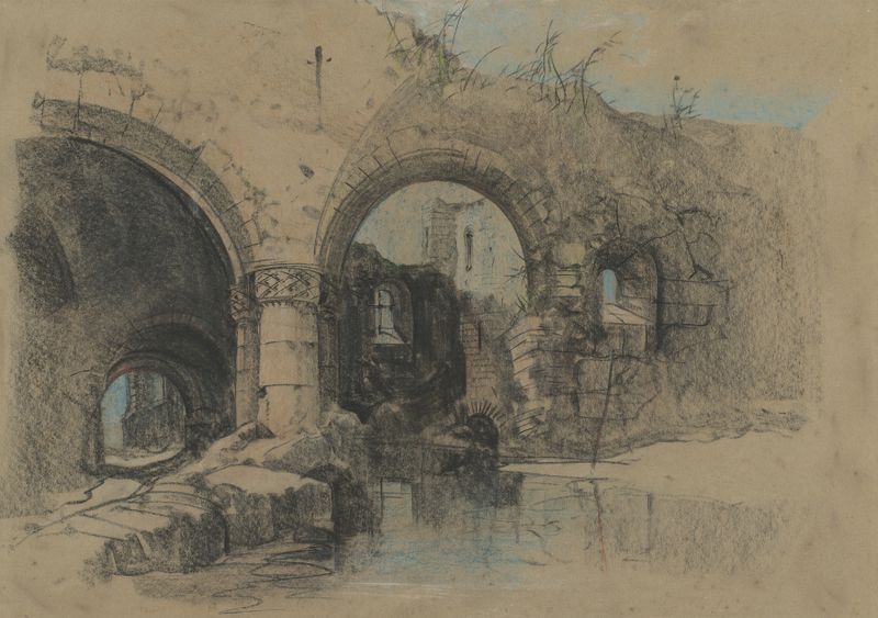 A Ruined Castle by Henry Bright, oil on canvas depicting a sunlit landscape with ruins and shadows.