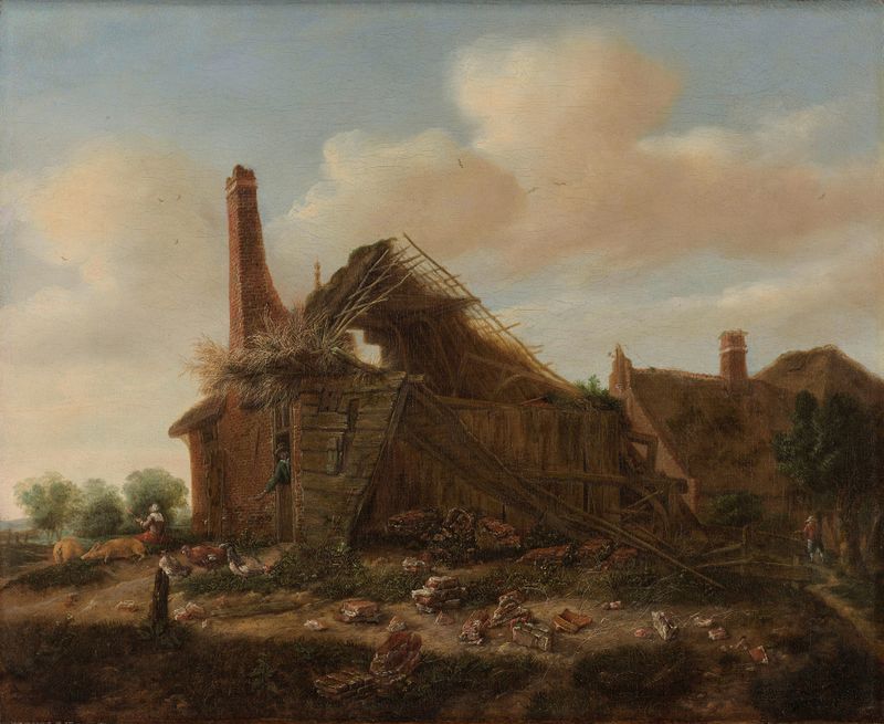 Farmhouse in ruins by Emanuel Murant, Dutch Golden Age, oil painting of a decaying structure embraced by nature.