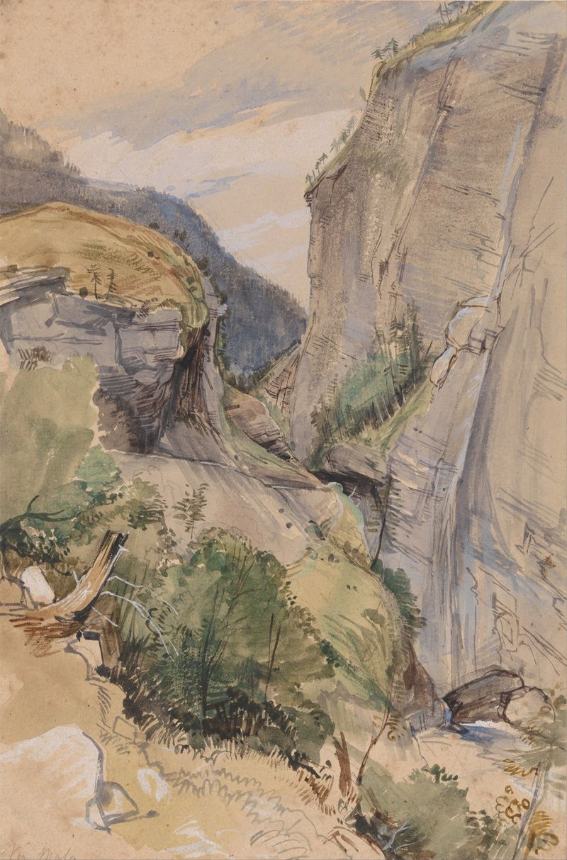 The Via Mala, oil painting by John Frederick Lewis, features a winding path through rugged cliffs.