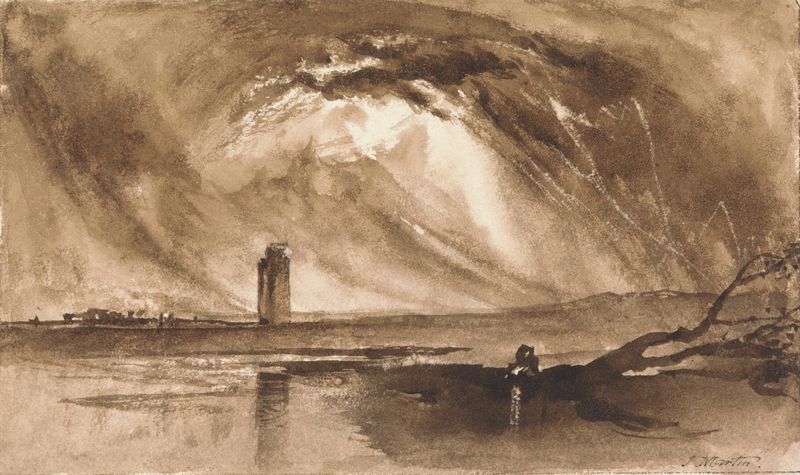 Landscape with Tower and Approaching Storm de John Martin, óleo sobre lienzo que muestra una torre bajo un cielo tormentoso.