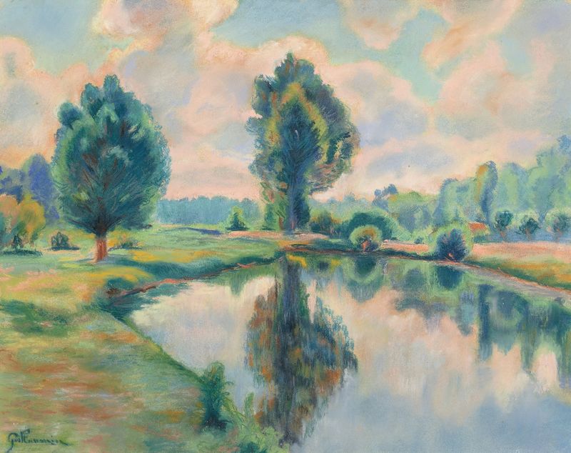 Bord de rivière de Armand Guillaumin, óleo sobre lienzo que representa un paisaje de río tranquilo.
