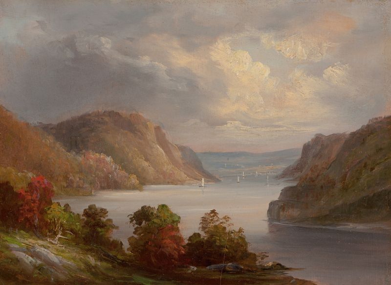 Landscape with a river at sunset, oil on canvas by Hudson River School