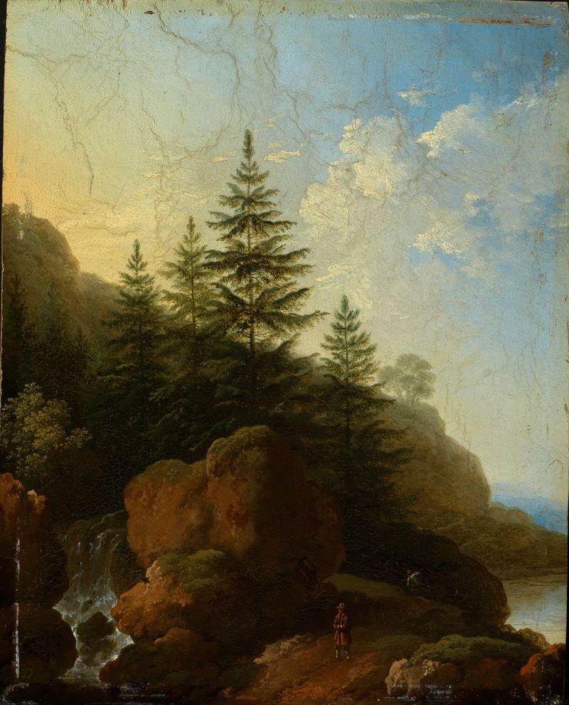 Paisagem com cachoeira e montanhas, pintura a óleo de Christian Wilhelm Ernst Dietrich