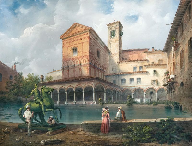 Architecture of Milan's Church of Santa Maria alla Fontana, oil painting by Carlo Bossoli
