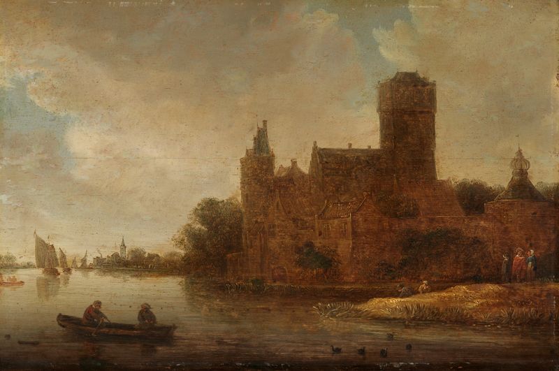 Landscape featuring a castle on water by Jan Coelenbier, oil painting