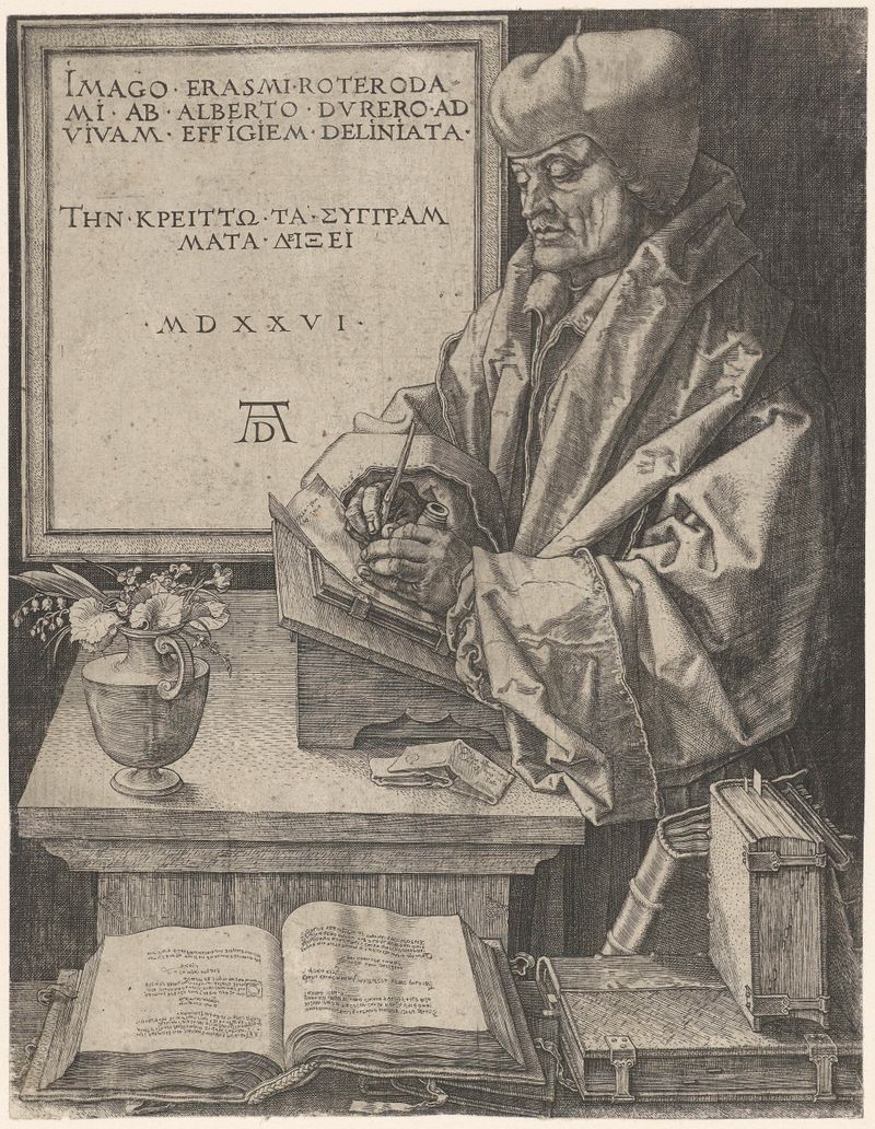 Gravura de Erasmo por Albrecht Dürer, destacando sua expressão sábia e sombras suaves.