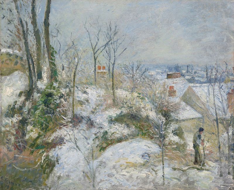 Rabbit Warren at Pontoise, Snow by Camille Pissarro, oil painting depicting a winter landscape with trees and hills.