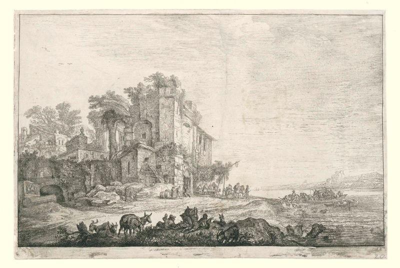 Grabado de Simon de Vlieger que muestra ruinas arquitectónicas en un paisaje