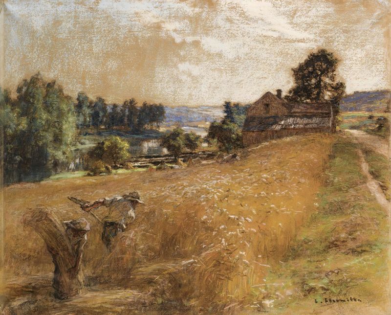 La Fenaison by Léon Augustin Lhermitte, oil on canvas showing workers gathering hay under sunlight.