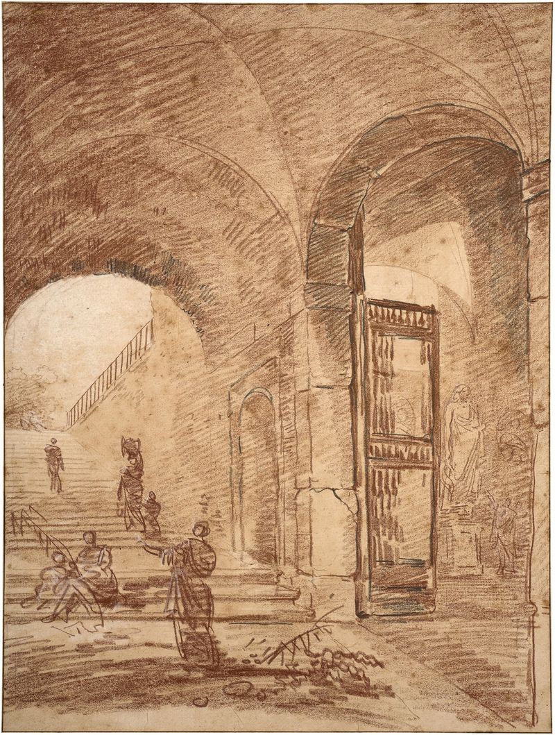 Figuras bajo arcos, óleo de Hubert Robert, que representa el Palazzo Corsini en Roma.