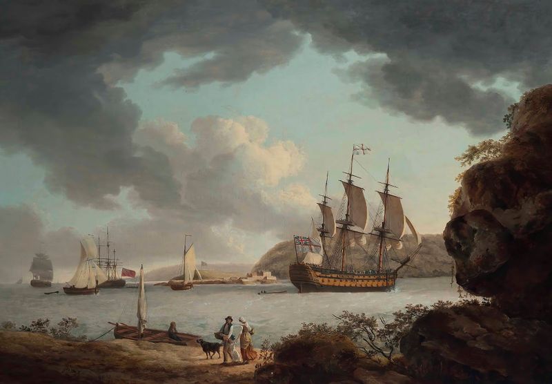 Marine scene with a flagship by John Thomas Serres, 1790, oil painting