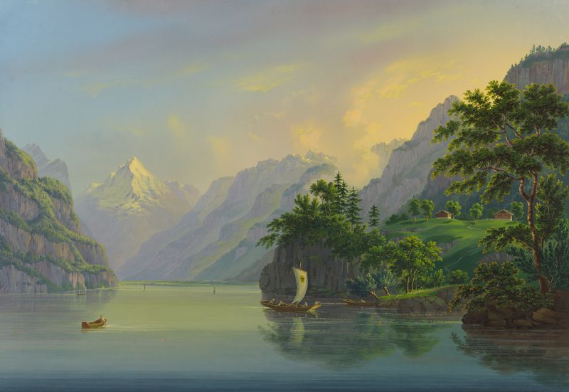 Paisaje con un lago sereno y montañas de Johann Heinrich Bleuler the Younger, pintura al óleo