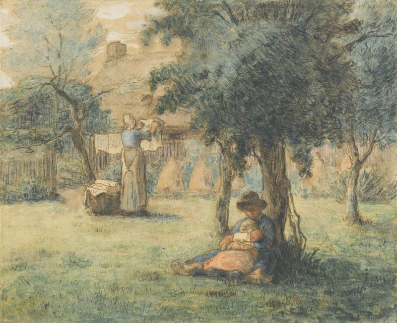 Femme étendant son linge by Jean-François Millet, oil painting of a woman hanging laundry in a rural landscape