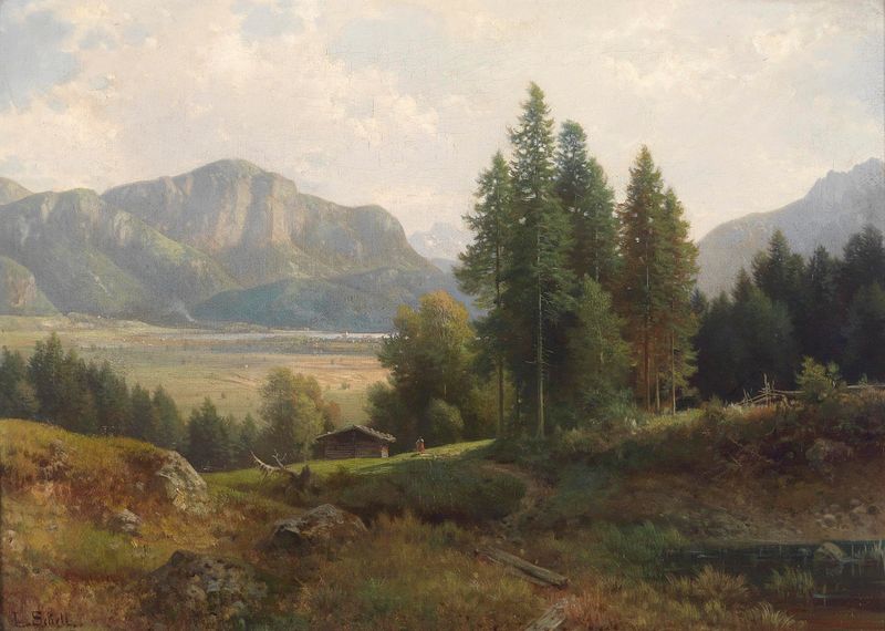 Partie am Kochelsee by Ludwig Sckell, oil painting depicting a tranquil lake and surrounding landscape.