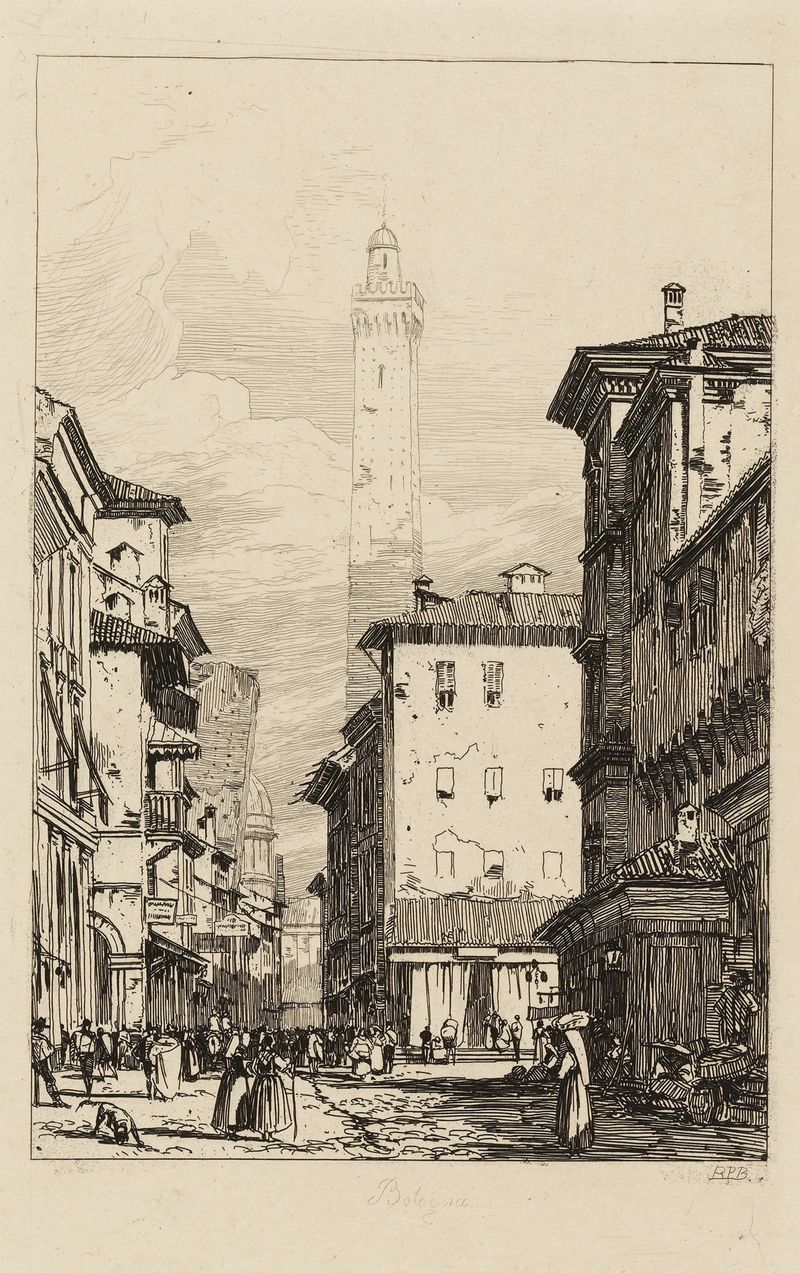 Bologna de Richard Parkes Bonington, óleo que muestra techos vibrantes y un cielo azul profundo