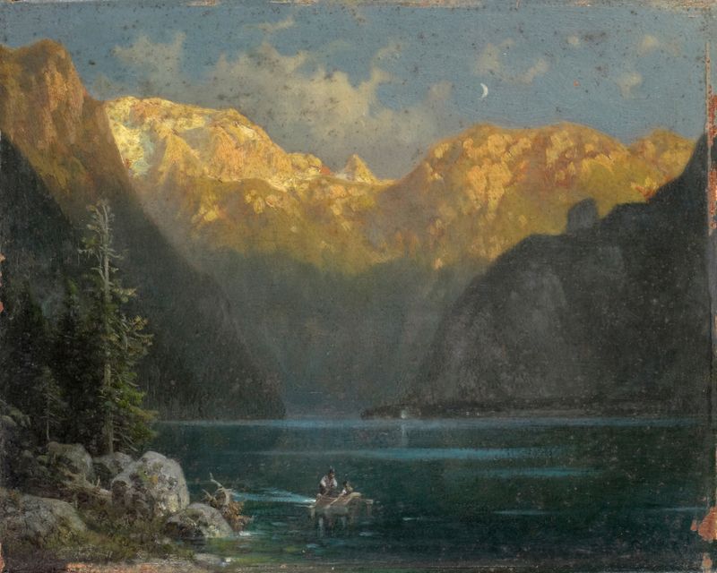 Atmosphere at the Königssee, oil on canvas by Ludwig Sckell, depicting a tranquil lake and mountains.