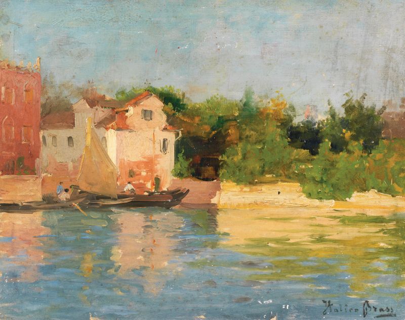 Marine scene with water reflections in Venice, Punta dei Giardini by Italico Brass, oil painting.