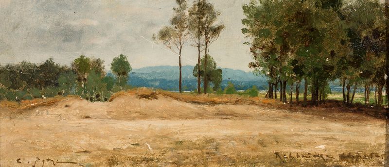 Landscape oil painting by Curt Agthe featuring trees and sky.