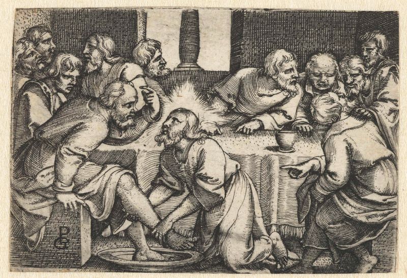 Gravura de Georg Pencz representando Cristo lavando os pés de Pedro, destacando a relutância de Pedro.