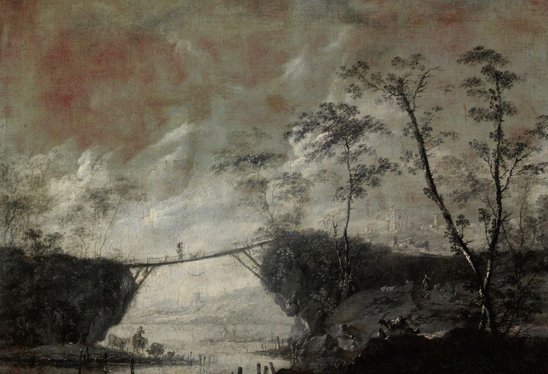 Landscape with a Bridge, oil painting by Cornelis de Bie, features a serene river and a delicate bridge.