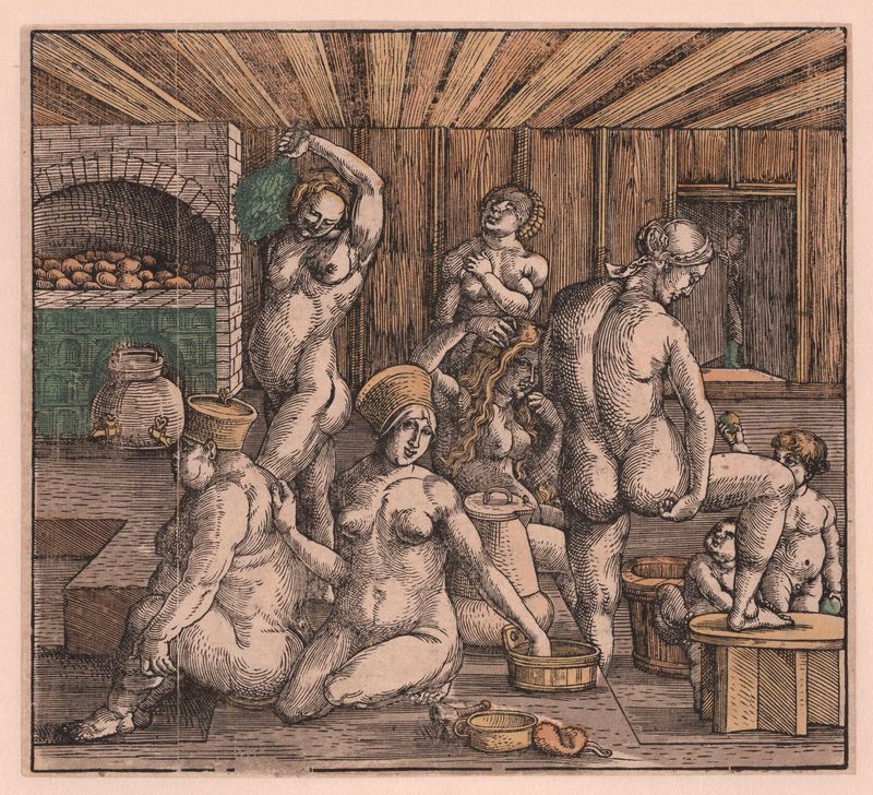 Het vrouwenbad by Hans Springinklee, depicting women bathing in a serene setting, Northern Renaissance