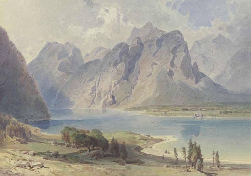 Landscape of Königssee with mountains and water by Leopold Rottmann, oil painting