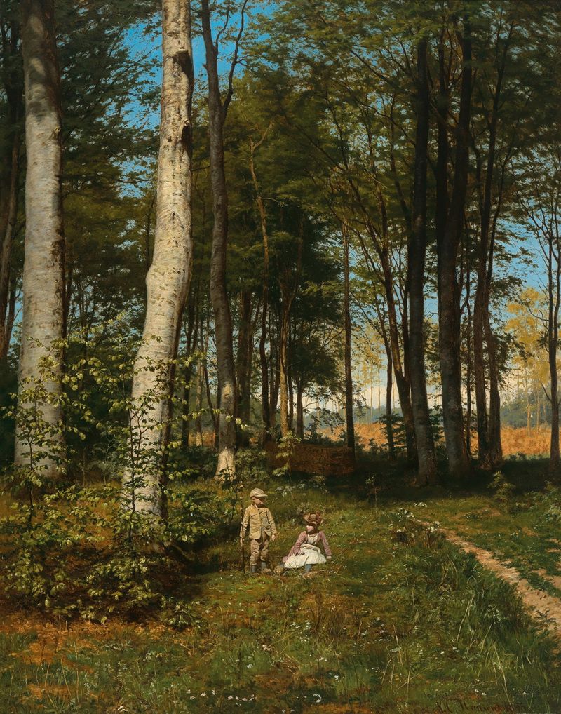 Irmãos descansando em um caminho da floresta no verão, pintura a óleo de Niels Christian Hansen