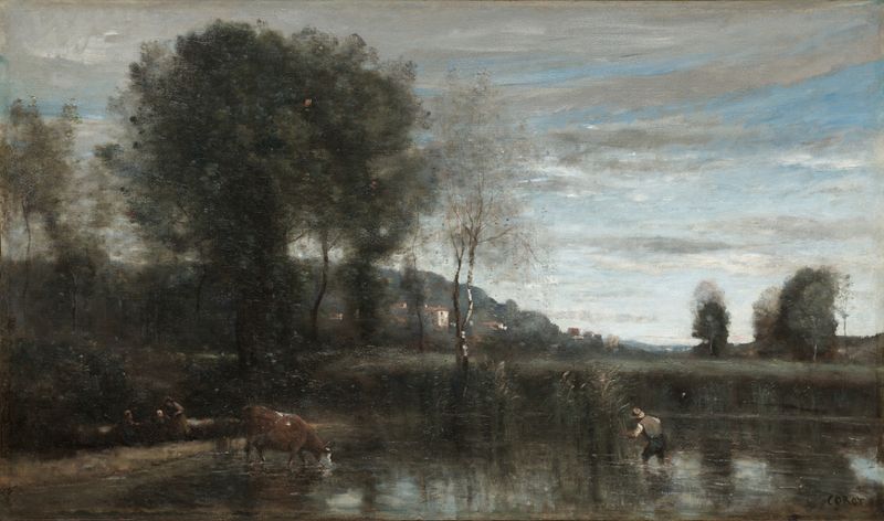 Pond at Ville-d’Avray, óleo sobre lienzo de Jean-Baptiste-Camille Corot, que representa un paisaje sereno con agua y árboles.