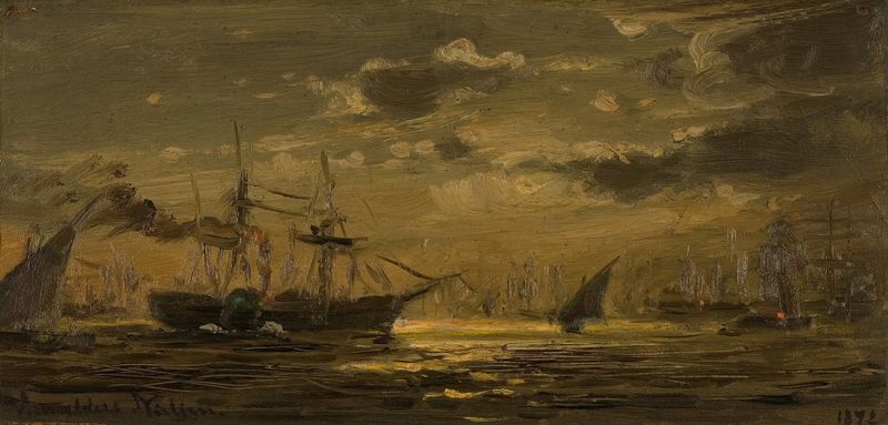 Måneskinn, Cadix red de Amaldus Nielsen, óleo sobre lienzo que representa un paisaje vibrante.