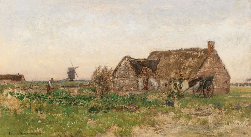 Paisagem rural com casa de fazenda e moinho de vento, pintura a óleo de Eugen Jettel