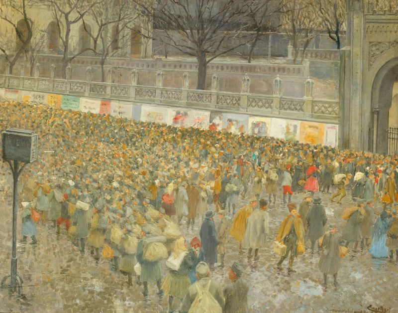 Genre scene of a train station, oil on canvas by Josef Engelhart