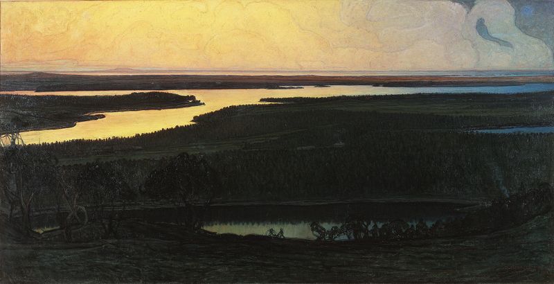 Oil painting by Otto Hesselbom depicting a landscape with foliage and river
