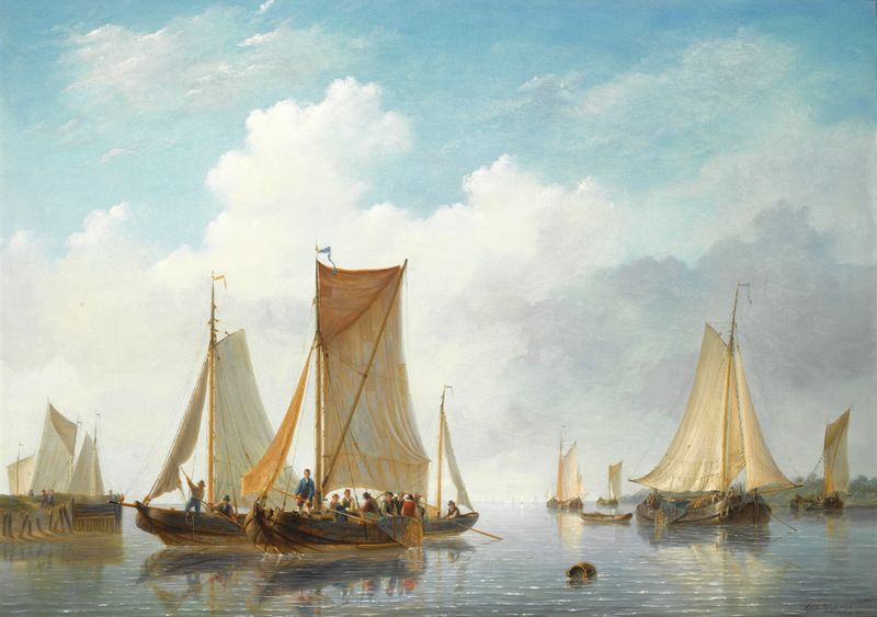Estuario con embarcaciones en agua tranquila, óleo sobre lienzo de Frans Jacobus Van Den Blyk