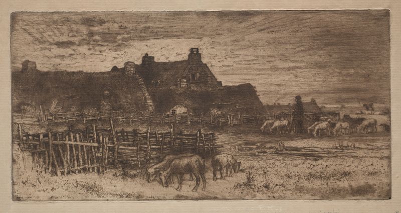 Curral de ovelhas ao pôr do sol, gravura de Félix Hilaire Buhot
