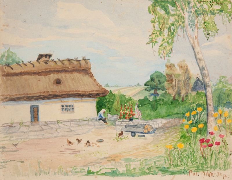Letni pejzaż wiejski de Sofija Paraszczuk, óleo sobre lienzo que muestra campos verdes y colinas.