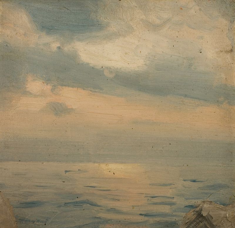 Paisaje de un canal con reflejos de luz solar, pintura al óleo de Amaldus Nielsen