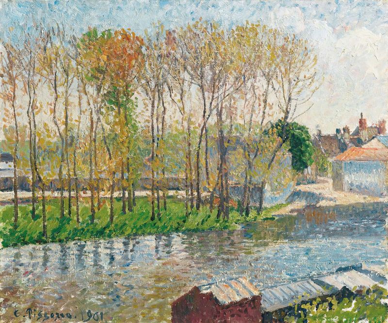Bords Du Loing À Moret by Camille Pissarro, oil painting depicting a river landscape